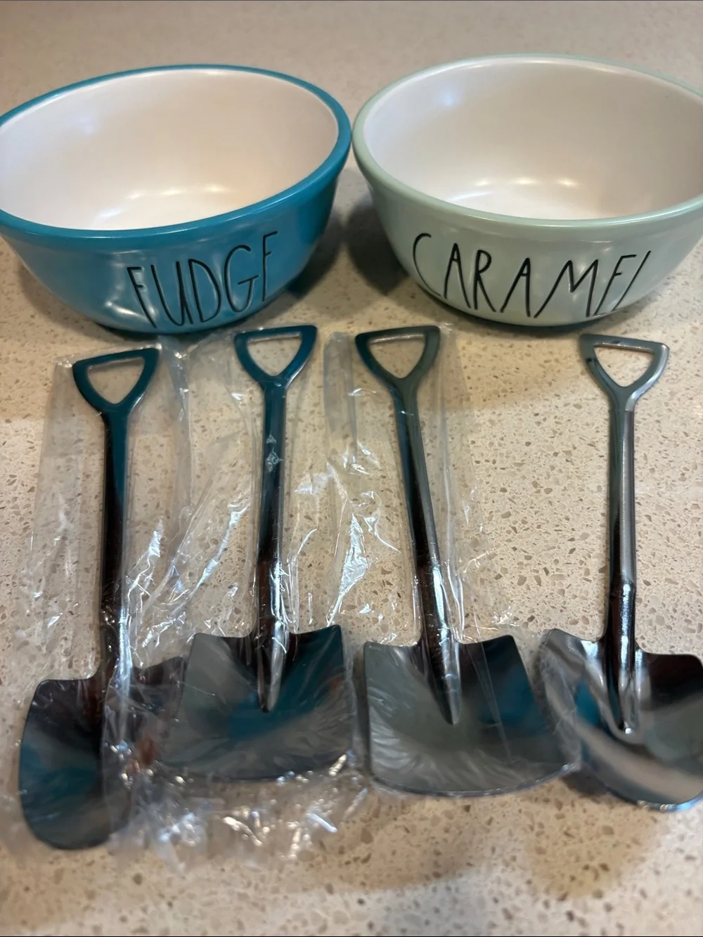 Rae Dunn Teal & Mint 'FUDGE' & ‘CARAMEL' Ceramic Bowls with Ice cream Shovels
